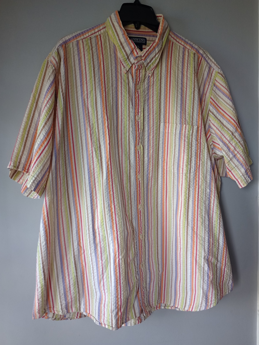 Land's End Men's Sz XXL Multicolor Striped Short Sleeve Seersucker Button Shirt
